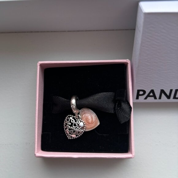 Pandora Sterling Silver and Peachy Pink Heart “Family” Charm Bracelet - Picture 5 of 7
